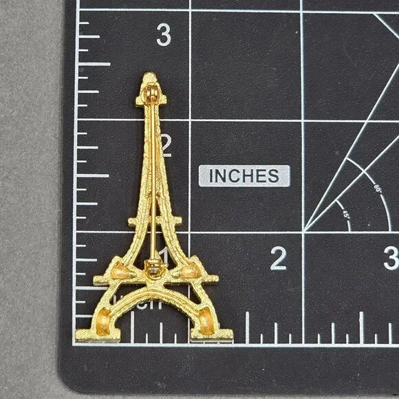 Eiffel Tower Gold Tone Rhinestone Brooch Pin 2.5" Parisian Landmark Modernist - Picture 5 of 6